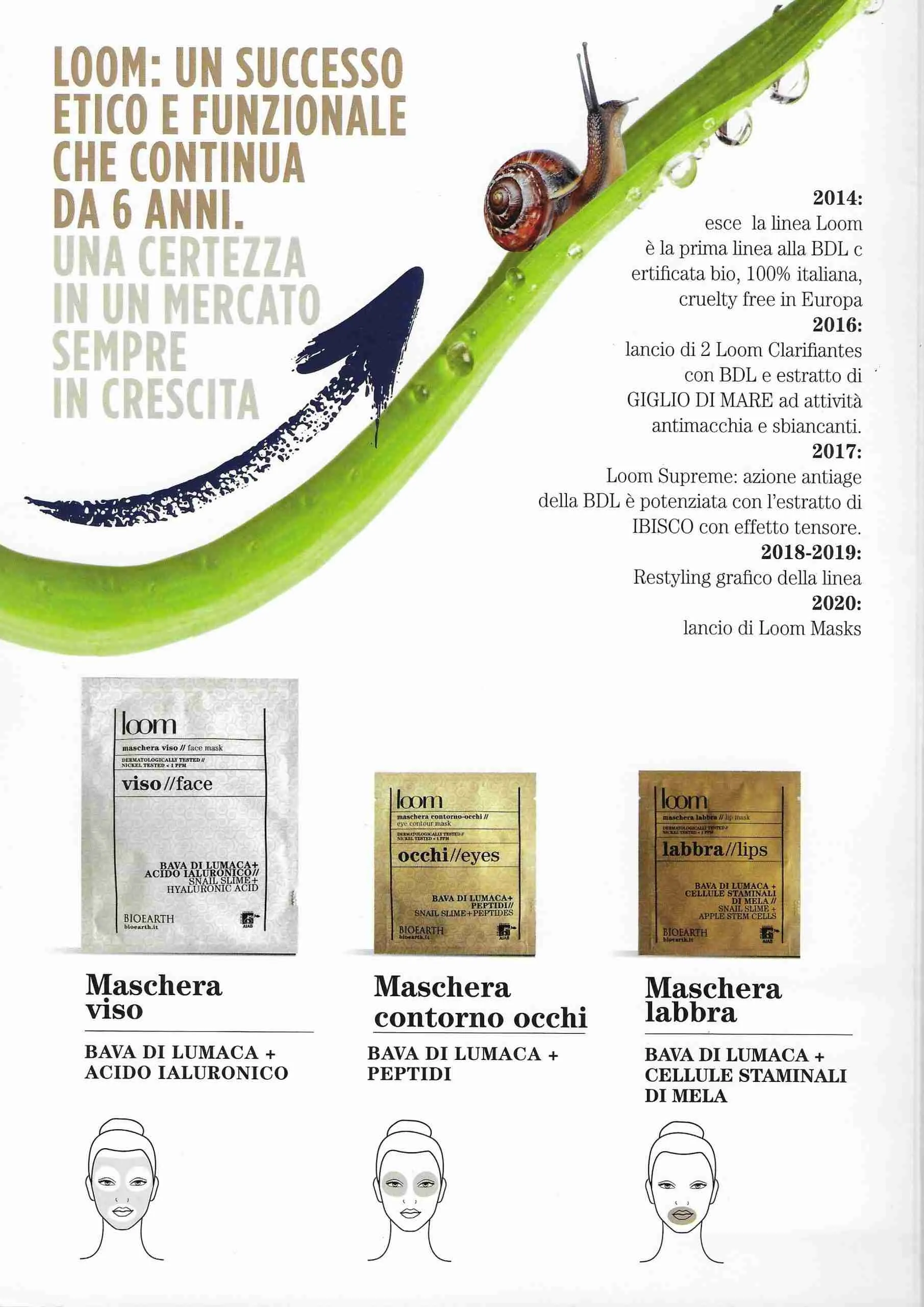 Loom Maschera Contorno Occhi Bioearth monouso con bava di lumaca, peptidi e acido ialuronico (idratante, antirughe, anti borse e anti occhiaie, schiarente macchie) Biologica 3ml - immagine 3